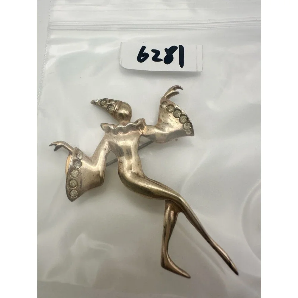 Vintage Sterling Silver Rose Gold Plated Dancing Harlequin Brooch Pin